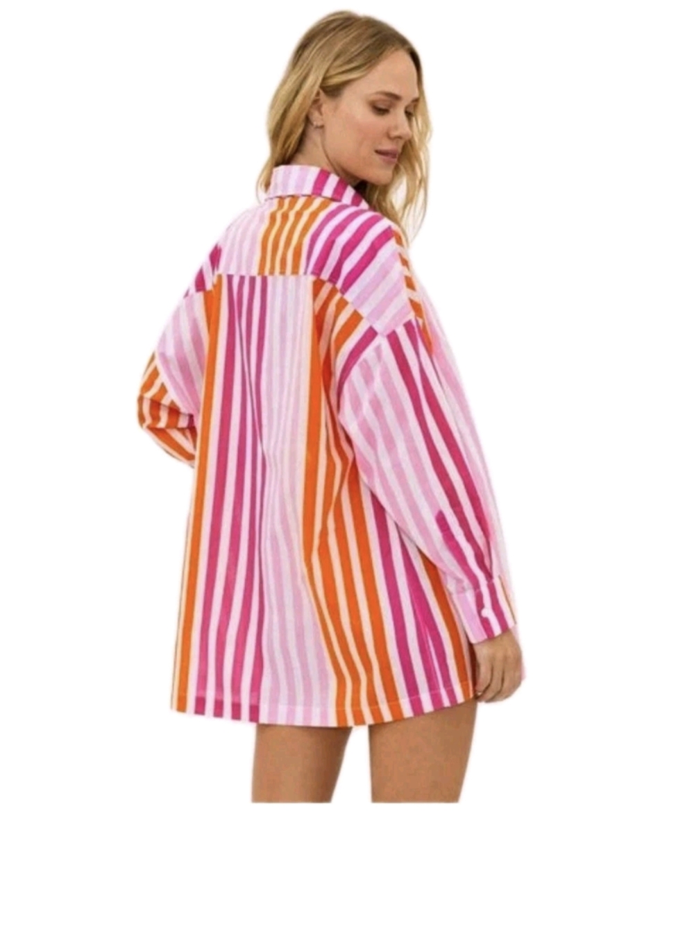 NWOT Beach Riot Pink & Orange Striped Button-Up Shirt Cover 100% Cotton L/XL